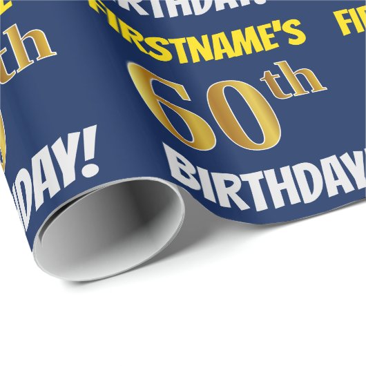 Blauw, Faux/Imitation Gold, "60th BIRTHDAY" Cadeaupapier (Rol Hoek)