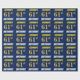 Blauw, Faux/Imitation Gold, "61st BIRTHDAY" Cadeaupapier