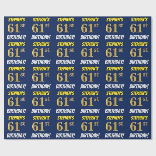 Blauw, Faux/Imitation Gold, "61st BIRTHDAY" Cadeaupapier (Vlak)