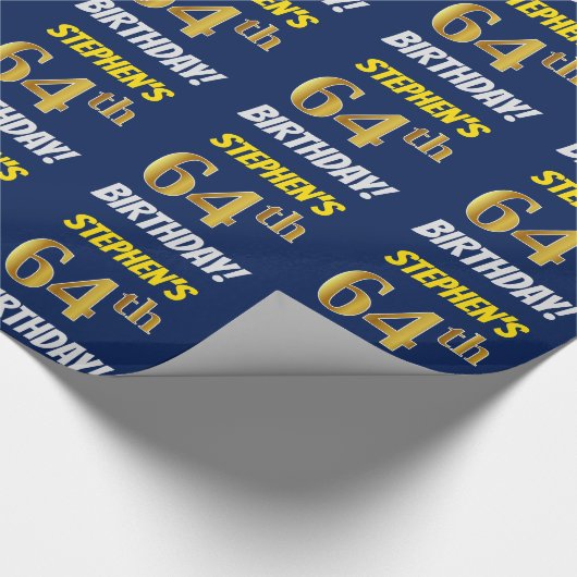 Blauw, Faux/Imitation Gold, "64th BIRTHDAY" Cadeaupapier (Hoek)