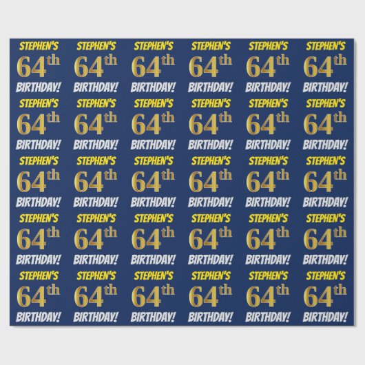 Blauw, Faux/Imitation Gold, "64th BIRTHDAY" Cadeaupapier (Vlak)