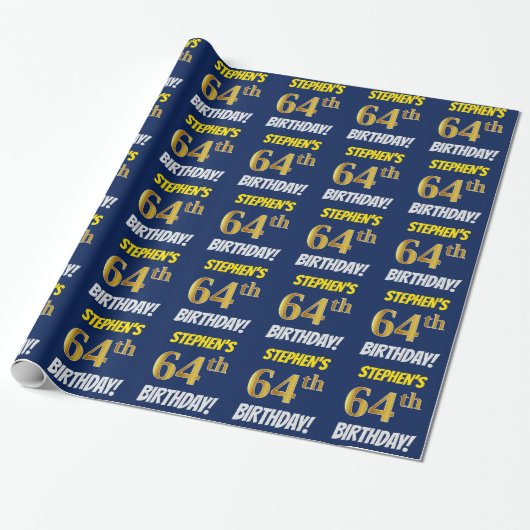 Blauw, Faux/Imitation Gold, "64th BIRTHDAY" Cadeaupapier (Uitgerold)