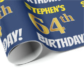 Blauw, Faux/Imitation Gold, "64th BIRTHDAY" Cadeaupapier (Rol Hoek)