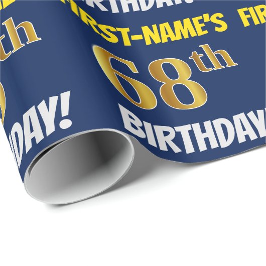 Blauw, Faux/Imitation Gold, "68th BIRTHDAY" Cadeaupapier (Rol Hoek)