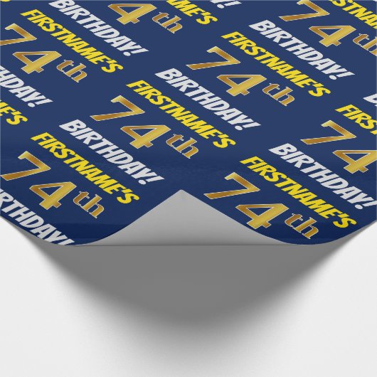 Blauw, Faux/Imitation Gold, "74th BIRTHDAY" Cadeaupapier (Hoek)