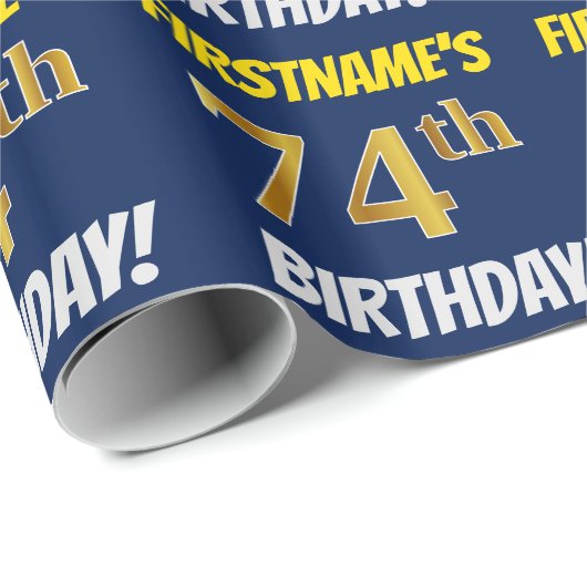 Blauw, Faux/Imitation Gold, "74th BIRTHDAY" Cadeaupapier (Rol Hoek)