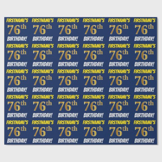 Blauw, Faux/Imitation Gold, "76th BIRTHDAY" Cadeaupapier (Vlak)