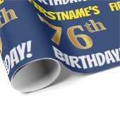 Blauw, Faux/Imitation Gold, "76th BIRTHDAY" Cadeaupapier (Rol Hoek)