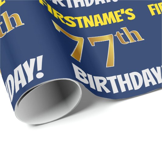 Blauw, Faux/Imitation Gold, "77th BIRTHDAY" Cadeaupapier (Rol Hoek)