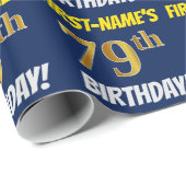 Blauw, Faux/Imitation Gold, "79th BIRTHDAY" Cadeaupapier (Rol Hoek)