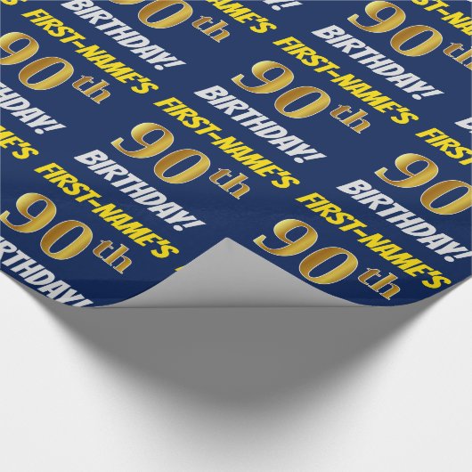 Blauw, Faux/Imitation Gold, "90th BIRTHDAY" Cadeaupapier (Hoek)