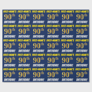 Blauw, Faux/Imitation Gold, "90th BIRTHDAY" Cadeaupapier