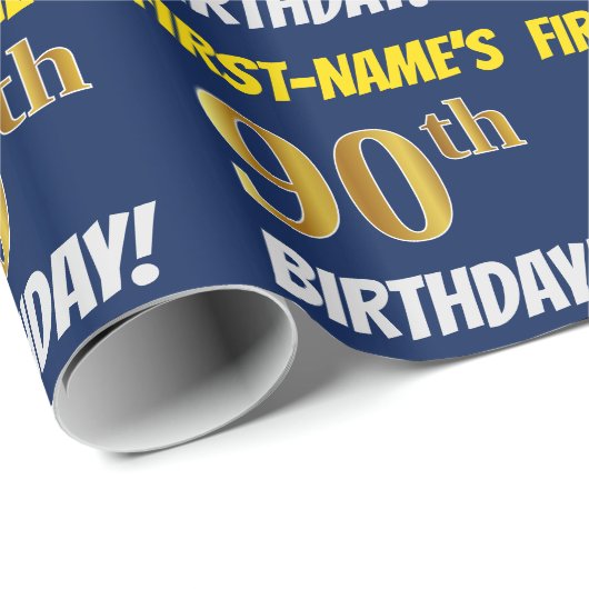 Blauw, Faux/Imitation Gold, "90th BIRTHDAY" Cadeaupapier (Rol Hoek)