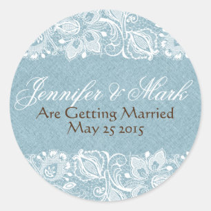 Blauw Faux Linnen Burlap & Wit Bloemen Kant Ronde Sticker