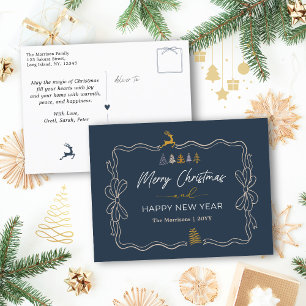 Blauw: Feestelijke Bow & Tree Doodles Holiday Brie Feestdagenkaart