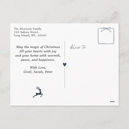 Blauw: Feestelijke Bow & Tree Doodles Holiday Brie Feestdagenkaart (Achterkant)