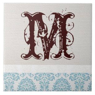 Blauw filigraan Damask Monogram Display Tegel Tegeltje