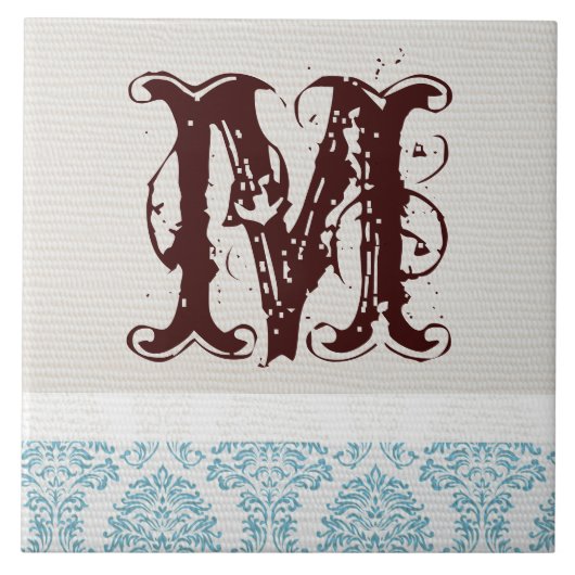 Blauw filigraan Damask Monogram Display Tegel Tegeltje (Voorkant)