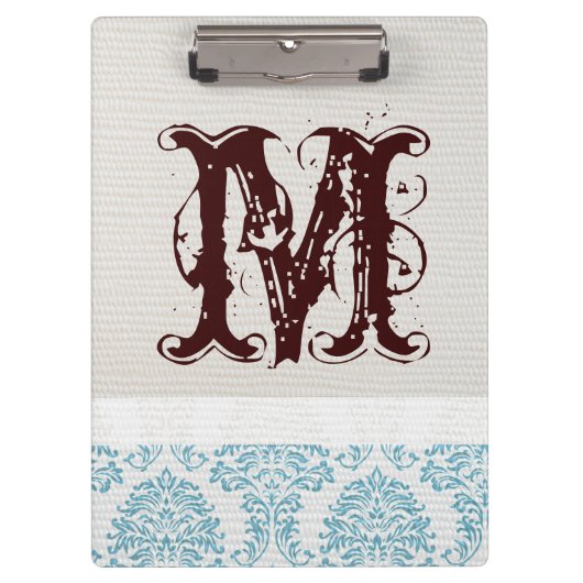 Blauw filigraan Damask Monogram Initiaal Clip Boar Klembord (Voorkant)