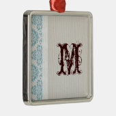Blauw filigraan Damask Monogram Initiaal Ornament (Rechts)