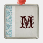 Blauw filigraan Damask Monogram Initiaal Ornament (Voorkant)