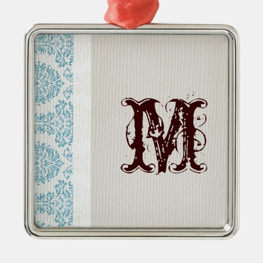 Blauw filigraan Damask Monogram Initiaal Ornament (Voorkant)