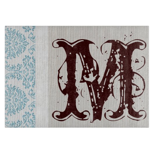 Blauw filigraan Damast Monogram glas snijplank (Voorkant)