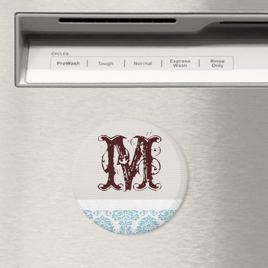 Blauw filigraan Damast Monogram Initiaal Magneet (Insitu (Vaatwasser))