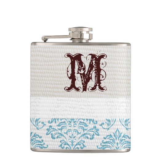 Blauw filigraan Damast Monogram Whiskey Flask Heupfles (Voorkant)