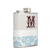 Blauw filigraan Damast Monogram Whiskey Flask Heupfles (Rechts)
