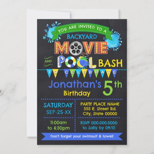 Blauw Film en Zwembad Verjaardag Zomerfeest Kaart (Voorkant)