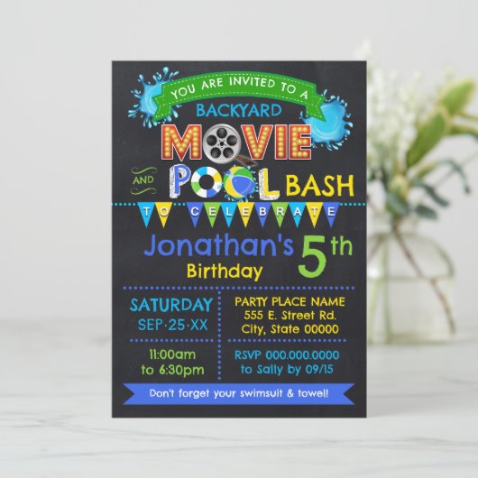 Blauw Film en Zwembad Verjaardag Zomerfeest Kaart (Staand voorkant)
