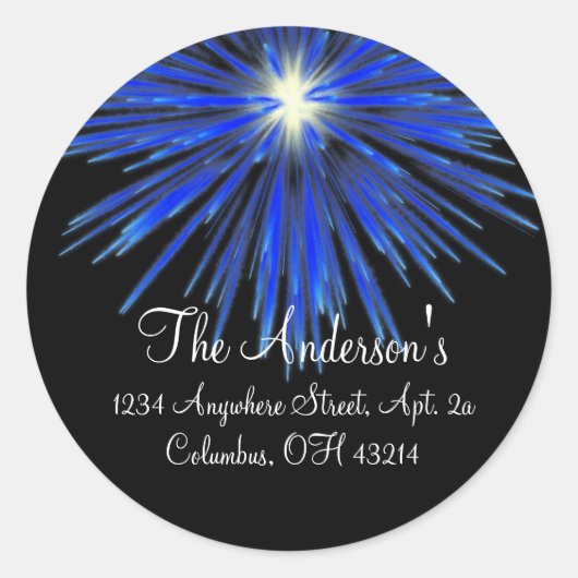 Blauw Firework Return-adreslabels - Rond Ronde Sticker (Voorkant)