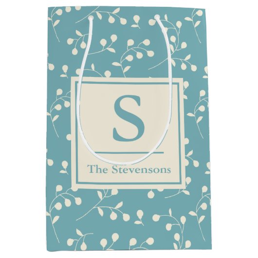  blauw flessenpatroon | Monogram en naam Medium Cadeauzakje (Voorkant)