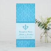 Blauw Fleur De Lis bruiloft receptie diner menu Kaart (Staand voorkant)