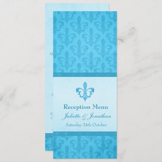 Blauw Fleur De Lis bruiloft receptie diner menu Kaart (Voorkant / Achterkant)