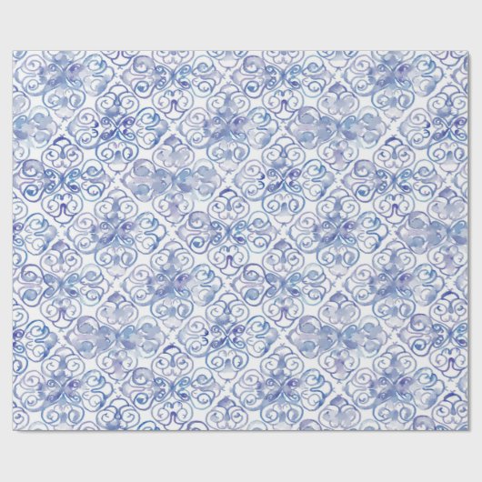 Blauw Fleur de Lis Waterverf Cadeaupapier (Vlak)