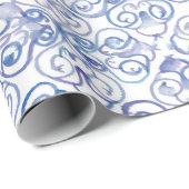 Blauw Fleur de Lis Waterverf Cadeaupapier (Rol Hoek)