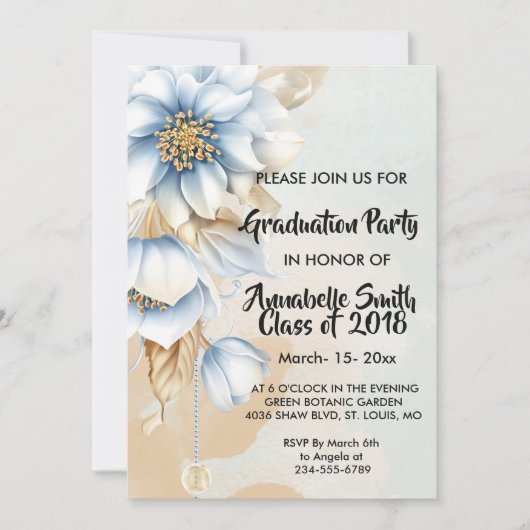  Blauw floraal Afstuderen Kaart (Voorkant)