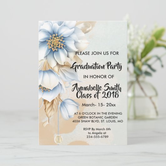  Blauw floraal Afstuderen Kaart (Staand voorkant)