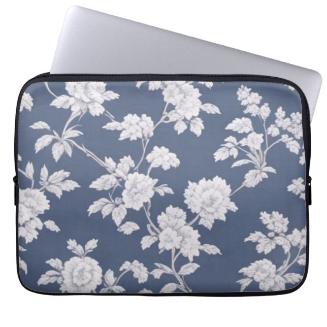 Blauw floraal hoesje laptop sleeve (Voorkant)