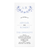 Blauw floraal lijst met monogram huwelijksprogramm reclamekaart (Voorkant)