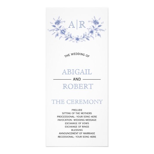 Blauw floraal lijst met monogram huwelijksprogramm reclamekaart (Voorkant)