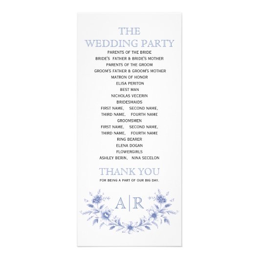 Blauw floraal lijst met monogram huwelijksprogramm reclamekaart (Achterkant)