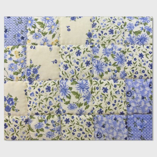 blauw floraal patchwork cadeaupapier (Vlak)