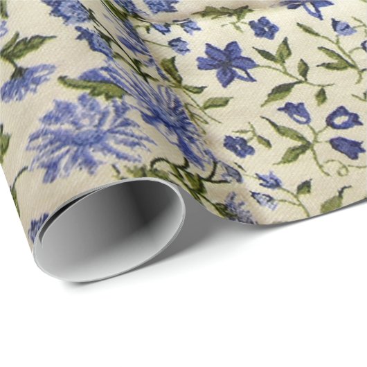 blauw floraal patchwork cadeaupapier (Rol Hoek)