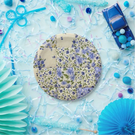 blauw floraal patchwork papieren bordje (Feest)