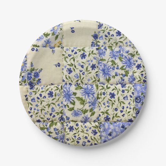 blauw floraal patchwork papieren bordje (Voorkant)