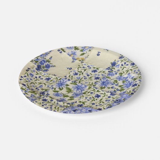 blauw floraal patchwork papieren bordje (Gekanteld)