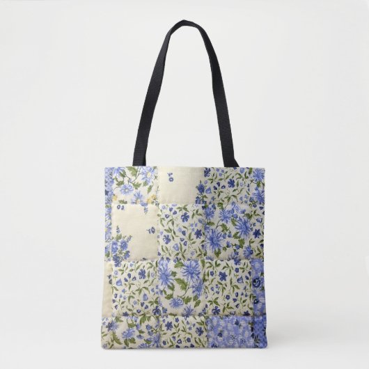 blauw floraal quilt-ontwerp tote bag (Voorkant)